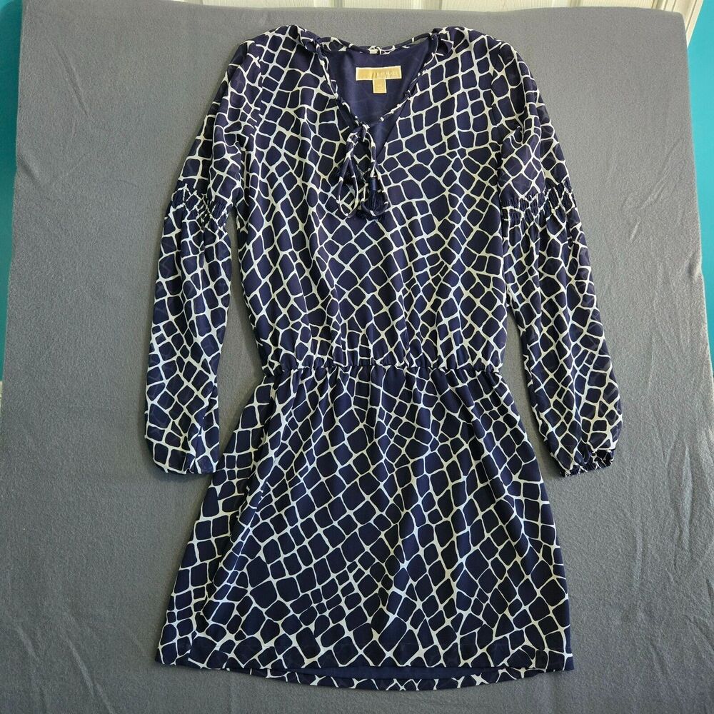 Michael Kors Women XS Leopard Navy White Drop Waist Tassel Tie Blouson Dress